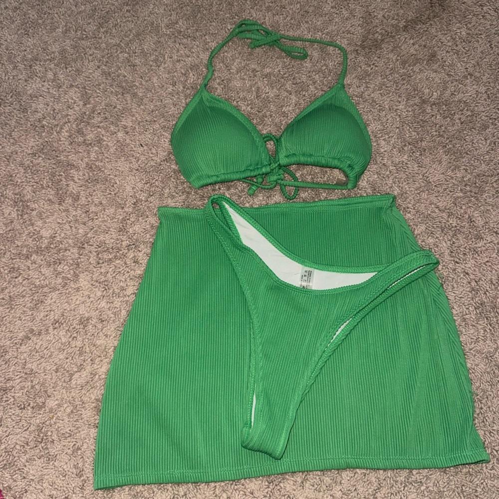 SHEIN Green Ribbed 3-Piece Bikini Set with Skirt